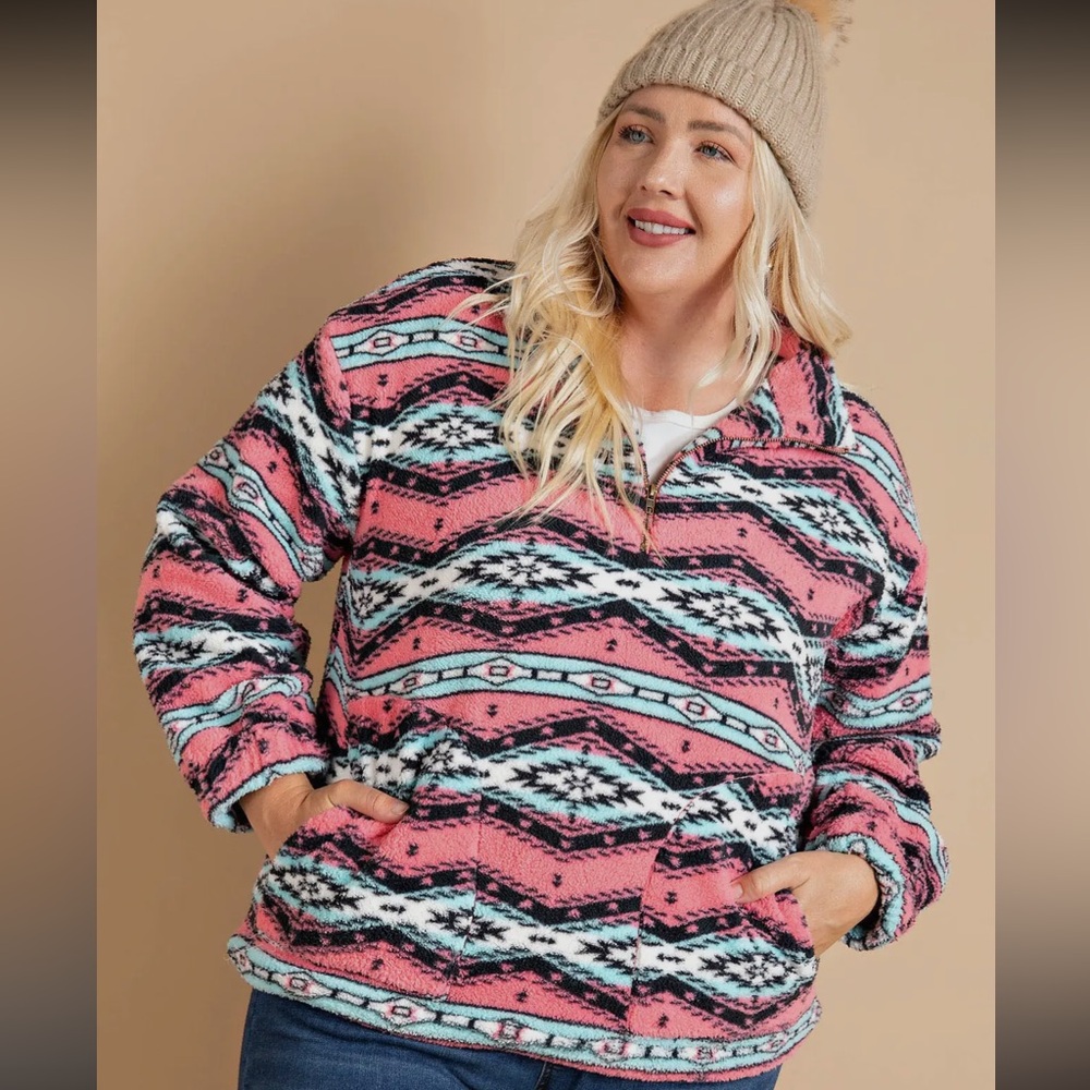 Aztec Printed Sherpa Half Zipper Pullover with Pockets in Pink Multicolor